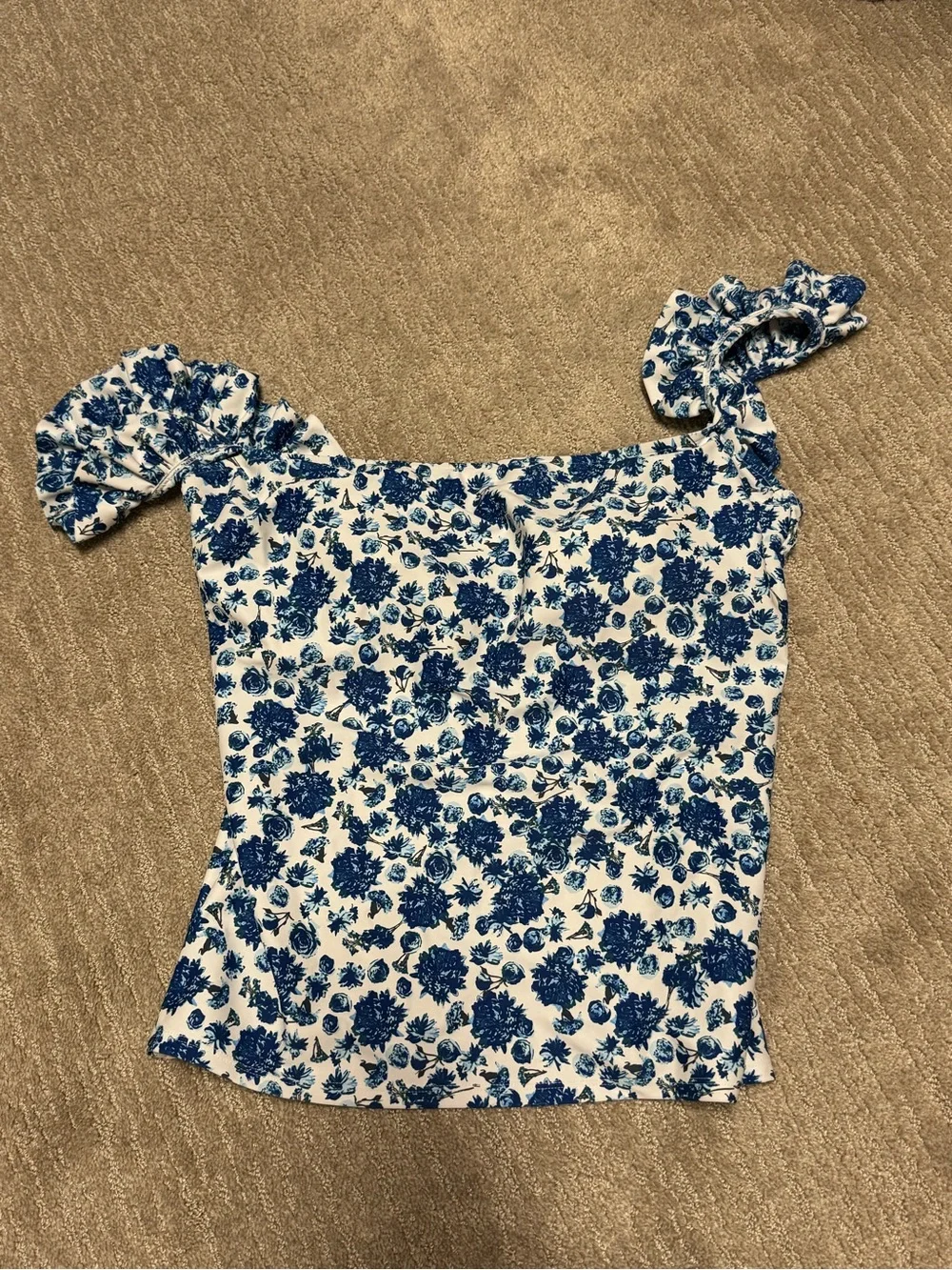Albion Blue and White Floral Bikini Top with Ruffle Straps